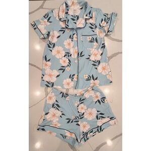 Bed Head Pajamas Set Sm Organic Shorts Organic Cotton Stretch Blue Floral NWOT